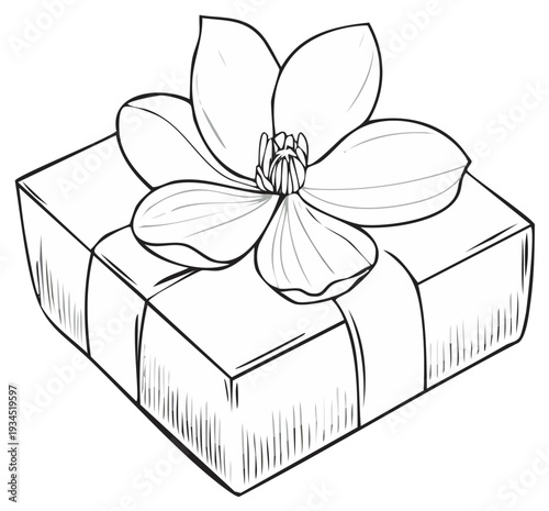 Hand drawn monochrome illustration of a decorative gift box tied with a large elegant flower