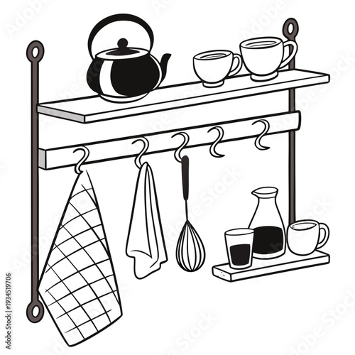 Wall mounted kitchen rack with shelves and hooks holding teapots cups utensils and towels for tea and coffee preparation