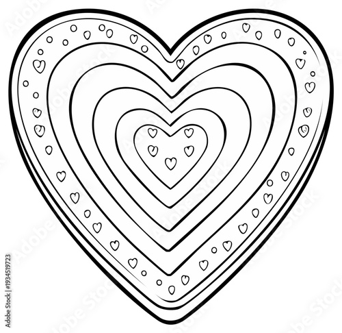Concentric Hearts Outline Illustration with Small Hearts and Dots Pattern