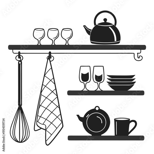 Kitchen wall shelf and rack with glassware teapots plates and utensils for drinks and food serving and storage solutions