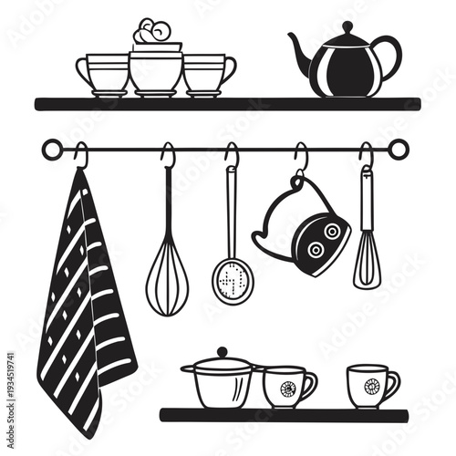 Kitchen shelves and hanging rack displaying teacups and teapot with utensils towels and dishes for mealtime and beverage service