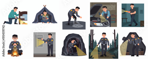 Illustrated Set of Man Characters Exploring and Investigating with Flashlight in Various Scenarios
