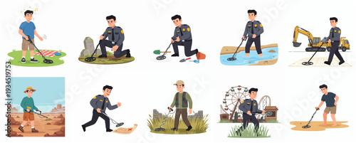 Detailed Cartoon Characters with Metal Detector in Various Location Illustration