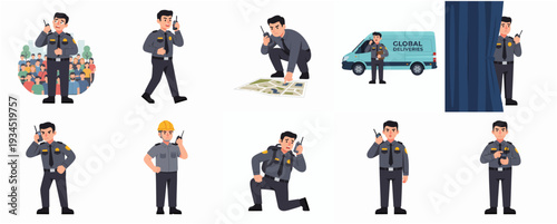Collection of Flat Style Security Guard Characters in Various Poses