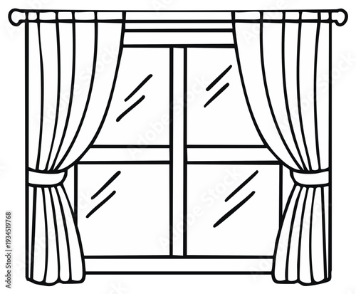Outline illustration of a window with curtains and tiebacks in a simple black and white style