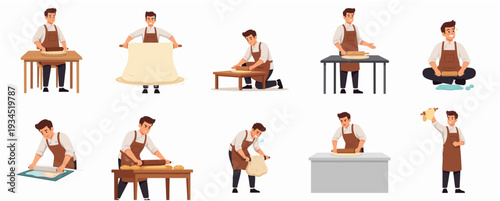 Detailed Flat Illustration Man Kneading Dough and Baking Process Collection Set
