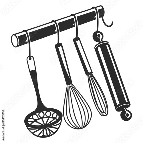 A kitchen utensil set with ladle two whisks and rolling pin hanging on a rod for culinary cooking or baking vector art