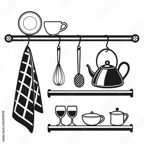 Kitchen wall rack with hanging hooks and shelves holding teapots cups plates and utensils for food and beverage service