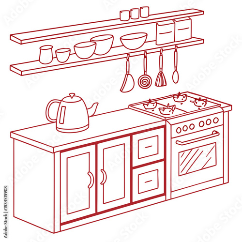 Kitchen interior with shelves, kitchenware, stove, oven, and cabinets for cooking in a house or apartment space