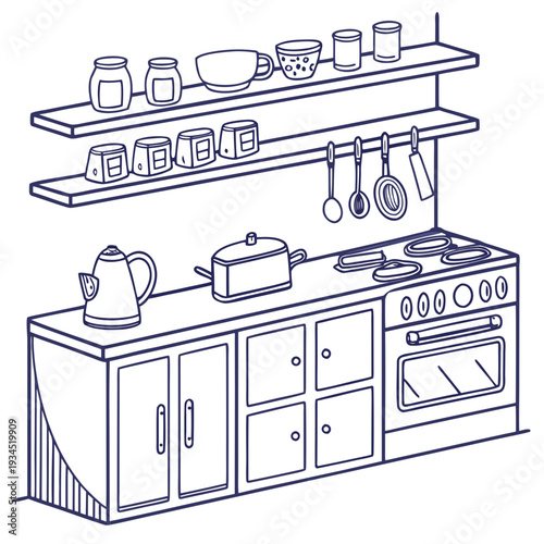 A hand drawn line art kitchen interior with shelves containing jars and bowls a stove oven and utensils hanging on wall