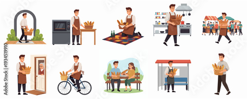 Illustrated Male Baker Delivering Fresh Bread in Different Scenarios Set