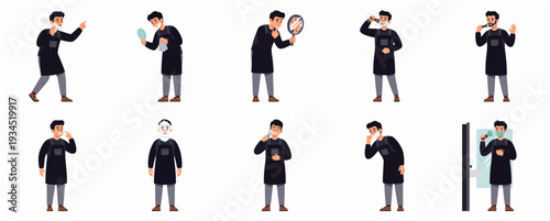 Flat Illustration Set of Man in Barber Shop Smock Daily Routine