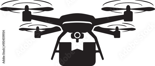 Quadcopter drone with four rotating propellers and camera isolated on transparent background