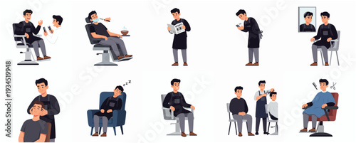 Modern Flat Style Barber Shop Scene and Activity Collection Illustration