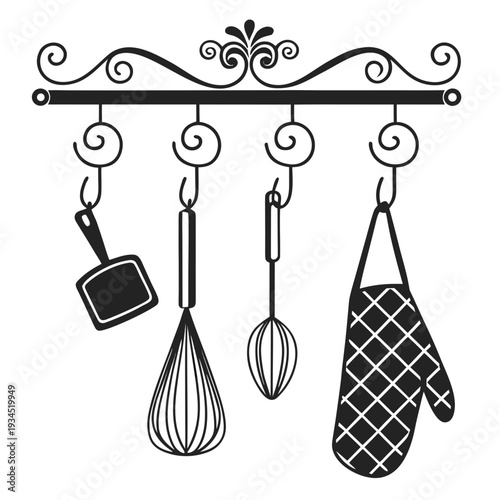 Kitchen tools hanging on ornate rack cooking accessories whisk, spatula, grater, oven mitt in black white style