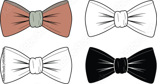 Bowtie silhouette & Outline and illustration set isolated on transparent background