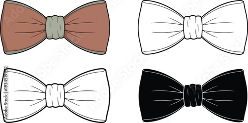 Bowtie silhouette & Outline and illustration set isolated on transparent background