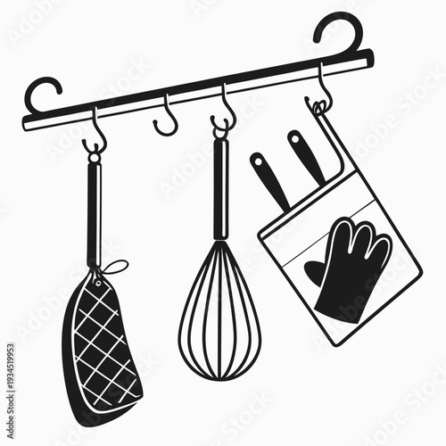 Kitchen rack with cooking utensils hanging including whisk oven mitt and spatula set for baking and cooking prep illustration