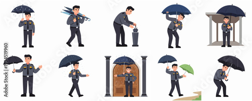 Cartoon Flat Style Policeman Holding Umbrella During Rainy Day Character Set