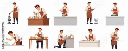 Flat Illustration Man Chef in Various Cooking Preparation Activity Poses Collection