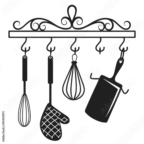 Ornate kitchen rack holding various cooking tools like whisk oven mitt and spatula for baking and culinary tasks graphic art