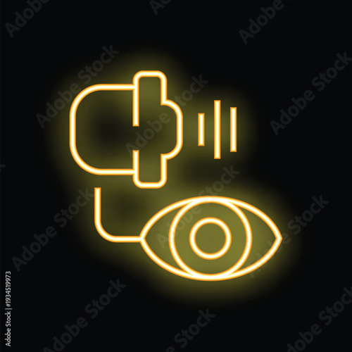 This neon icon represents retinal scan technology, symbolizing security and access control