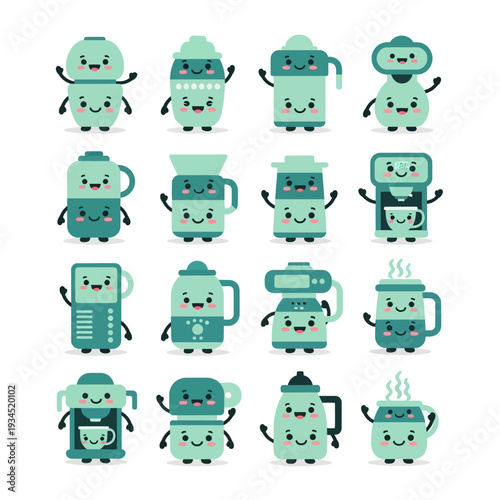 Adorable collection of cute cartoon coffee makers and beverage containers.