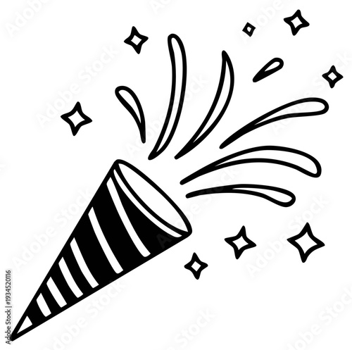 Party popper illustration with confetti and stars in outline style