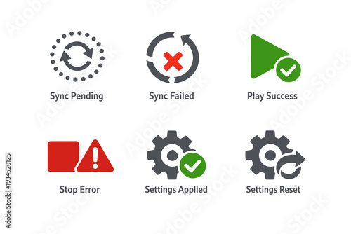 3D System Sync and Settings Status Icons Set – Sync Pending, Sync Failed, Play Success, Stop Error, Settings Applied and Reset