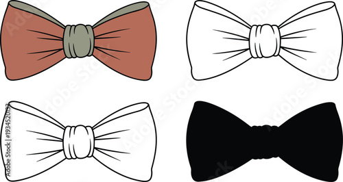 Bowtie silhouette & Outline and illustration set isolated on transparent background