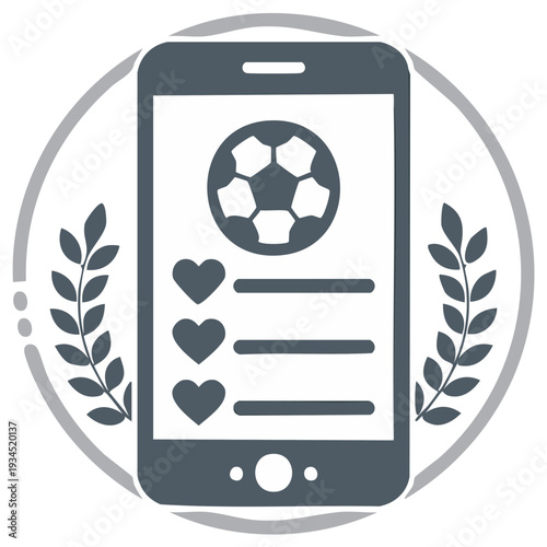 Smartphone icon with soccer ball app and laurel wreath for sports betting or fantasy leagues
