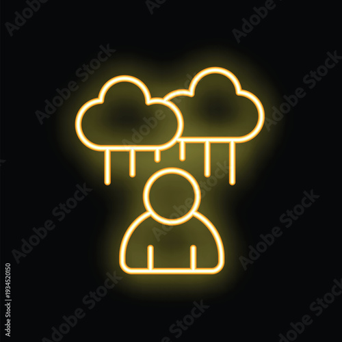 Neon icon of a person with raining clouds above their head, symbolizing sadness, depression, or negative emotions