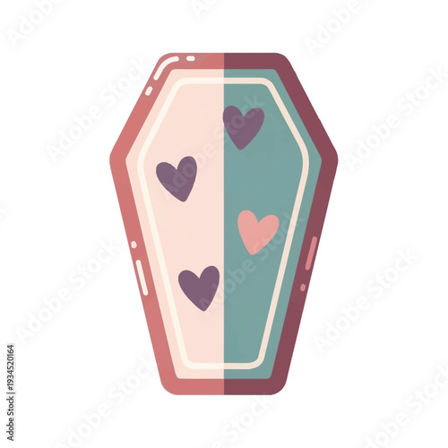 Coffin with hearts in pastel colors, illustration for Halloween or funeral themes.