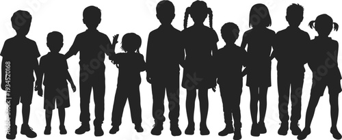 Group of children silhouettes standing together isolated on white background, diverse kids outline collection for education, teamwork and childhood concept