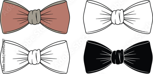 Bowtie silhouette & Outline and illustration set isolated on transparent background