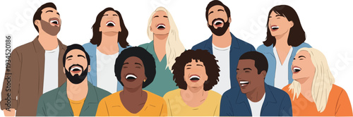 Diverse group of people singing together with joyful expressions in a lively scene from a front viewpoint
