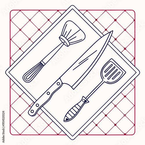 Cooking utensils composition with chef knife, spatula, and pastry brush on a checked tablecloth kitchenware flat lay vector illustration