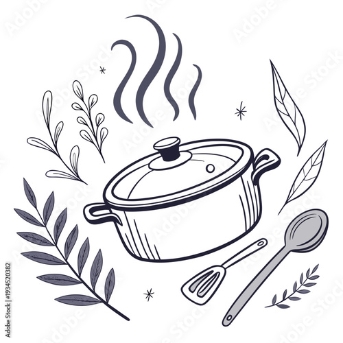 Cooking food with steaming pot, kitchenware, and herbs on white background for menu, recipe book, and kitchen decor design