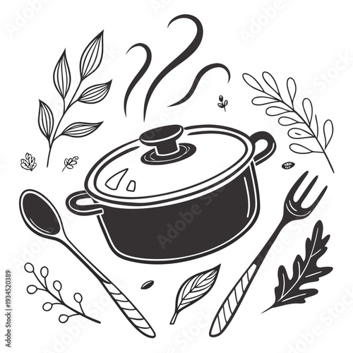 Steaming cooking pot with kitchen utensils and various herbs, suitable for recipe illustrations, cooking classes, or food blogs