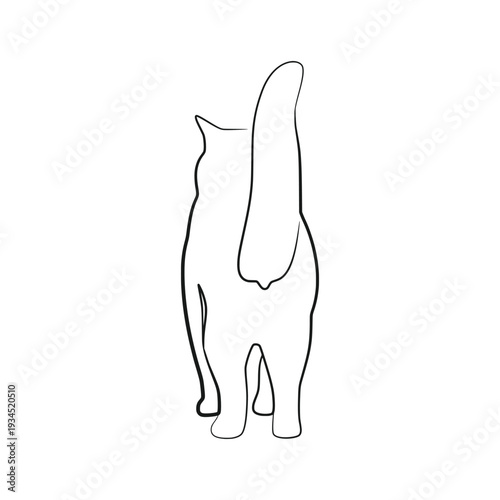 Cat Standing Rear View with Thick Tail Minimalist Line Drawing
