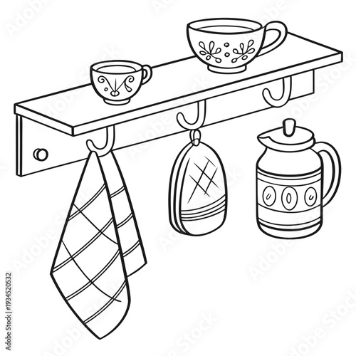 Kitchen shelf with two cups, a hanging pot holder, a towel on a hook, and a decorative pitcher, black and white outline