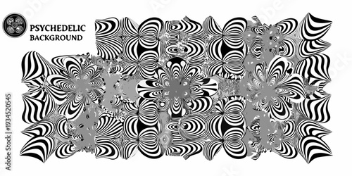 Optical illusion featuring swirling black and white patterns on a gray background
