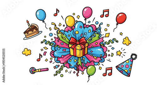 A colorful vector illustration of a birthday celebration with balloons, confetti, and a gift