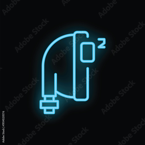 Glowing blue neon sign representing a construction worker sleeping wearing a hard hat and ear protection on black background