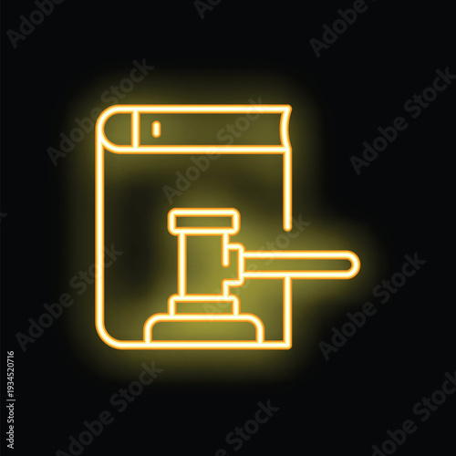 Neon yellow glowing symbol of law and justice with a book and a judge gavel representing legal advice