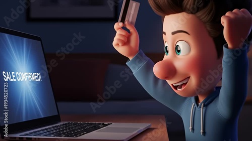 Happy cartoon character celebrating online purchase with credit card.