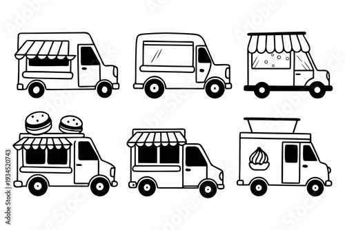A set of six black and white line art illustrations of food trucks in various designs