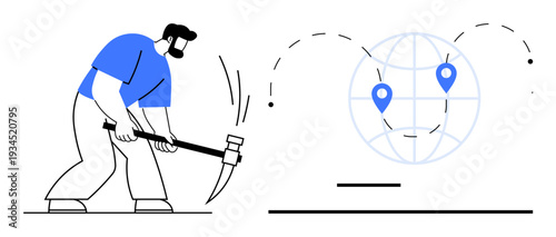 Data analysis, global tracking, information mining, digital technology, resource extraction, data science. Man using a pickaxe near a globe with location markers. Data analysis and global tracking