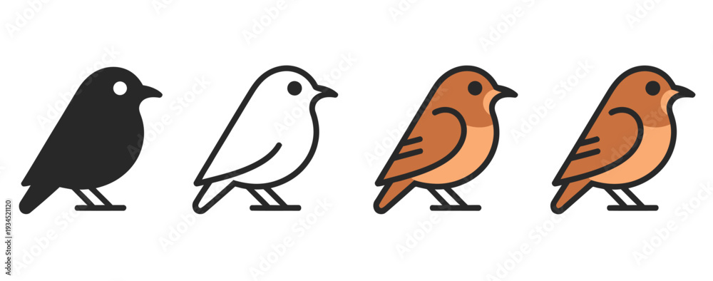 Fototapeta premium Nightingale Bird Vector Icon Set, Same Pose and Proportions in Four Styles: Black Solid, Glyph Outline, Minimal Flat, and Multicolor Filled Cartoon Flat Shaded.