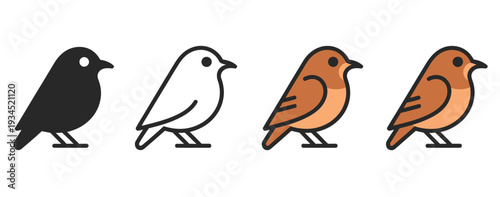 Nightingale Bird Vector Icon Set, Same Pose and Proportions in Four Styles: Black Solid, Glyph Outline, Minimal Flat, and Multicolor Filled Cartoon Flat Shaded.